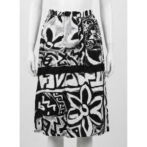 Vintage 90s Christine David Black White Abstract Print Rayon Midi Skirt Small